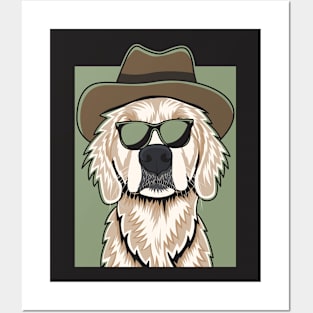 Cream Golden Retriever Wearing A Cowboy Hat And Glasses Posters and Art